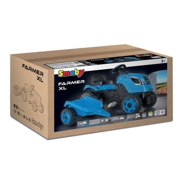 Farmer XL Pedaltraktor + Anhænger - Blå - SMOBY - Justerbart sæde - Åbningsbar motorhjelm - Horn - 90% genbrugsplast