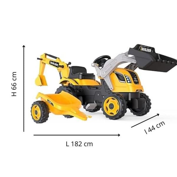 Builder Max Pedal Traktor + Anhænger + Gravemaskine + Skovl - Smoby - Gul