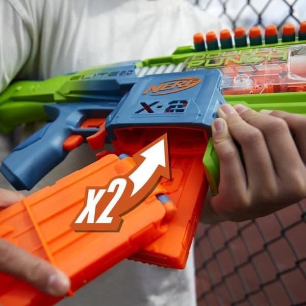 Nerf Elite 2.0 Double Punch Motorized Blaster, snabba fram- och återgående pipor, 50 Nerf Elite Dart, 2 10-Dart magasin, från 8