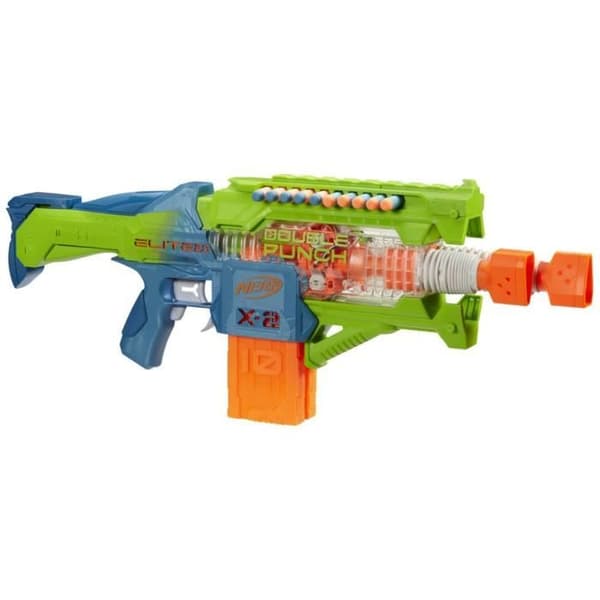 Nerf Elite 2.0 Double Punch Motorized Blaster, snabba fram- och återgående pipor, 50 Nerf Elite Dart, 2 10-Dart magasin, från 8