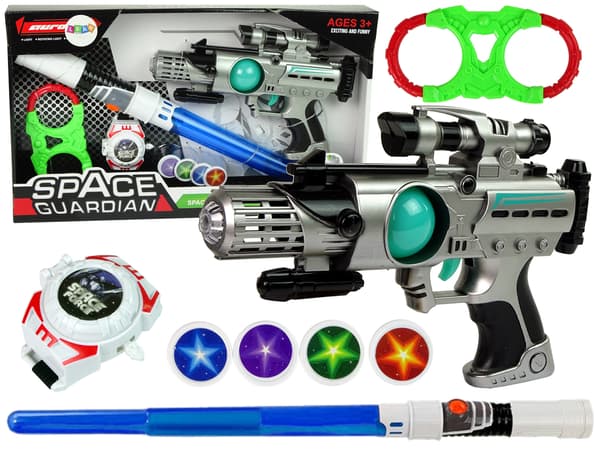 Space Warrior Set Laser Gun Lightsaber Käsiraudat Disc Launcher