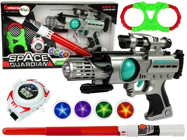 Space Warrior Set Laser Gun Lightsaber Käsiraudat Disc Launcher