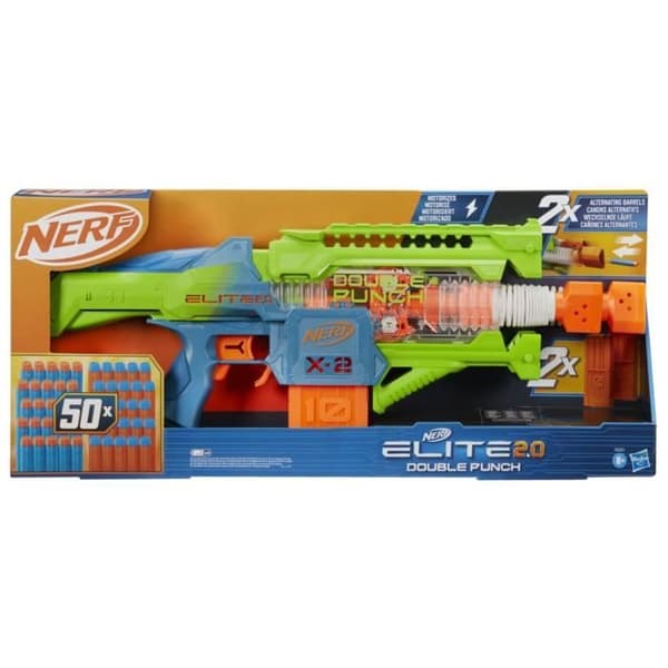 Nerf Elite 2.0 Double Punch Motorized Blaster, snabba fram- och återgående pipor, 50 Nerf Elite Dart, 2 10-Dart magasin, från 8