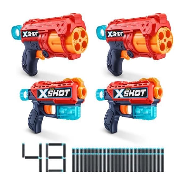 Pack Blasters - ZURU - Combo Pack 2 Kickback + 2 Reflex 6 - Kraftfulla blasters med en räckvidd på 27 meter och roterande pipa.