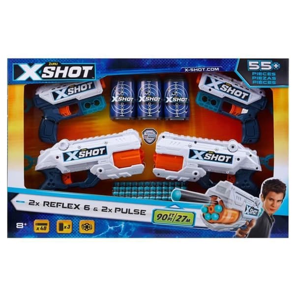 Pack Blasters - ZURU - Combo Pack 2 Kickback + 2 Reflex 6 - Kraftfulla blasters med en räckvidd på 27 meter och roterande pipa.