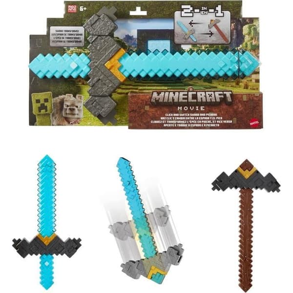 Minecraft Svärd och Spade 2 i 1, tillbehör inspirerat av "Minecraft: Filmen", JFR72 Mattel, rollspel.