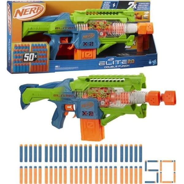 Nerf Elite 2.0 Double Punch Motorized Blaster, snabba fram- och återgående pipor, 50 Nerf Elite Dart, 2 10-Dart magasin, från 8
