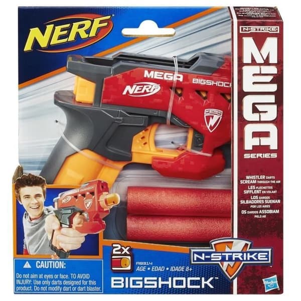 Nerf Mega Bigshock Gun - NERF - Kompakt modell med en räckvidd på över 21 meter - 2 pilar ingår