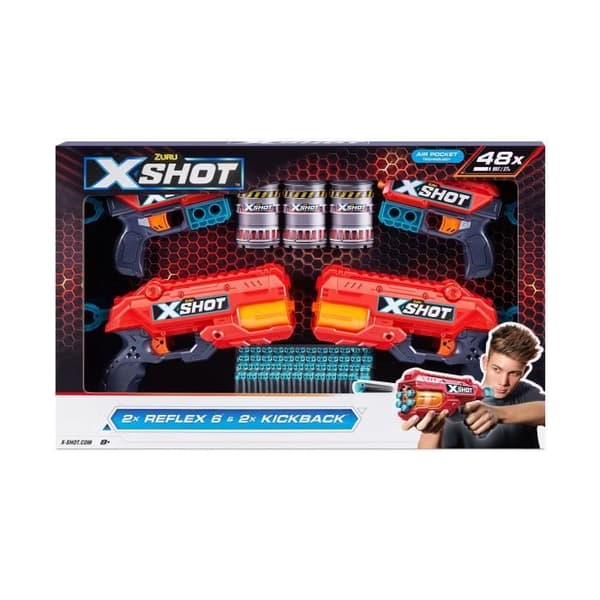 Pack Blasters - ZURU - Combo Pack 2 Kickback + 2 Reflex 6 - Kraftfulla blästerpistoler med 27 meter skott och roterande pipa