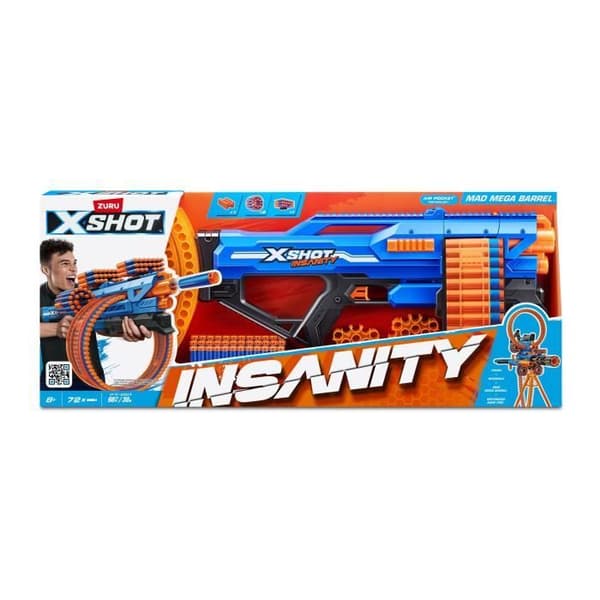 Roterende blaster - ZURU - XSHOT Insanity Mad Mega Barrel - Blaster med 72 pile og 27 meter rækkevidde