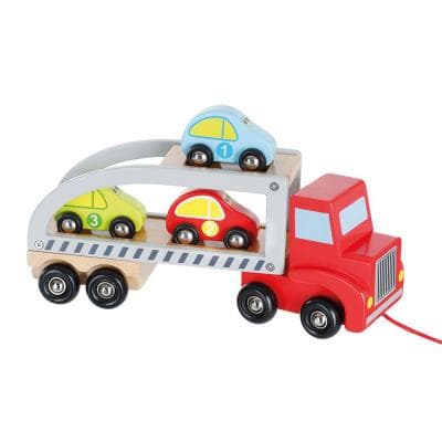 Jouéco träleksak - biltransport, 4 st bilar