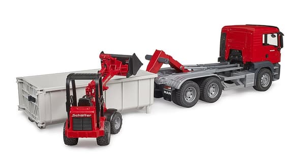 BRUDER 1:16 MAN TGS truck with roll-off-container and compact loader 2630, 03767