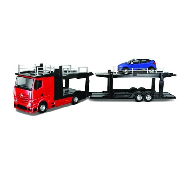 BBURAGO 1:43 set trailer Mercedes-Benz Hauler and car model Volkswagen Polo GTI Mark 5, 18-31456