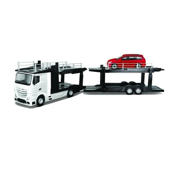 BBURAGO 1:43 set trailer Mercedes-Benz Hauler and car model Volkswagen Polo GTI Mark 5, 18-31456