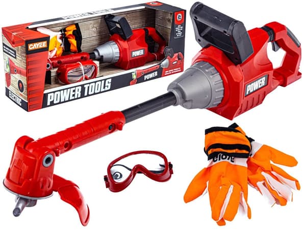 Plæneklipper, buskrydder, buskrydder + briller, handsker