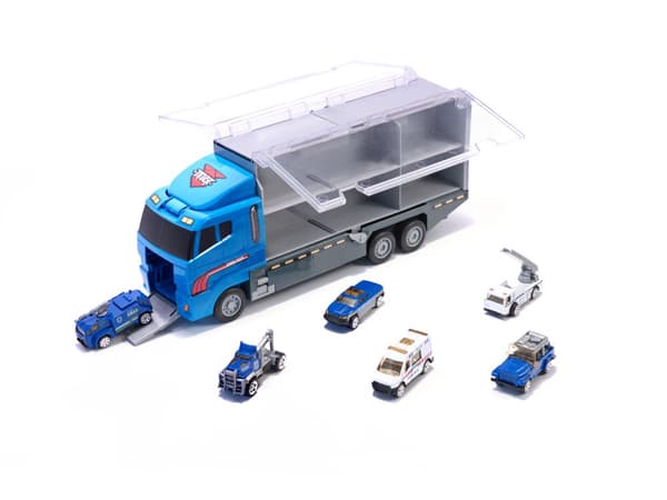 Transportör, TIR-lastbil, bärraket + polisbilar i metall