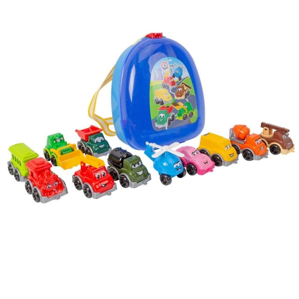 Sæt med biler, transportmidler, biler, tog, helikopter, trækvogn, rygsæk 9253