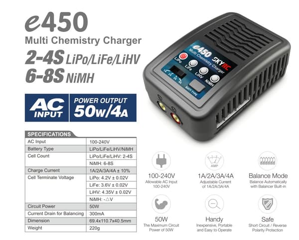 SkyRc E450 LiPo/Life/NiMh Lader 2-4S 50W 220V