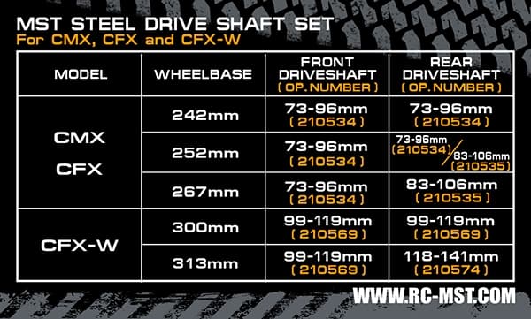 MST-210569 CFX-W Steel drive shaft set 99-119mm
