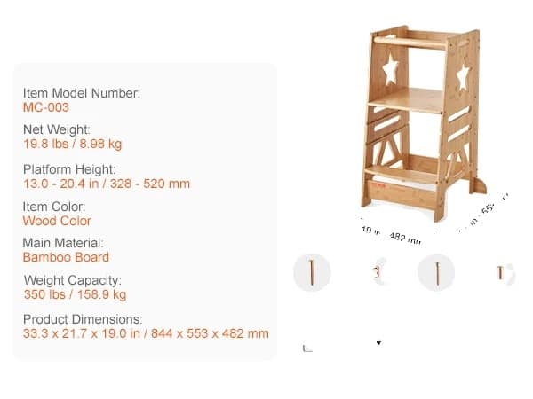 Stegpall med torn, höjdjusterbar i 3 nivåer, säkerhetsräcke, trä wood