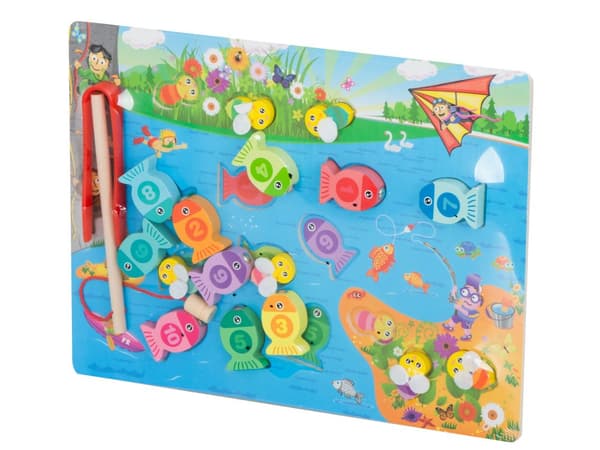 Fiskespel i trä med en Montessori-bimagnet
