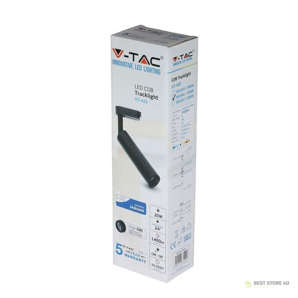 20W LED V-TAC armaturskinnesystem 3F SAMSUNG CHIP CRI90+ Sort VT-420-B 5000K 1600lm 5 års garanti
