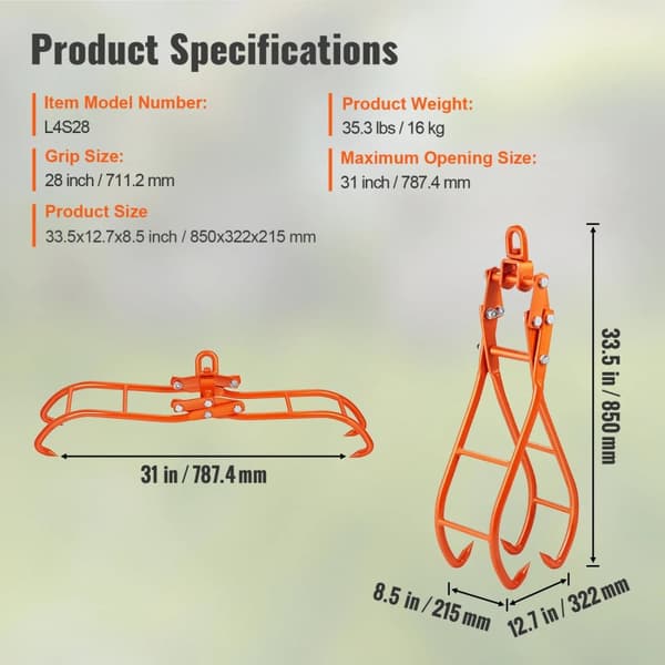 Log Skidding Tongs, Heavy Duty Steel, Læsningsevne, 2Jaws 20 tommer håndtag