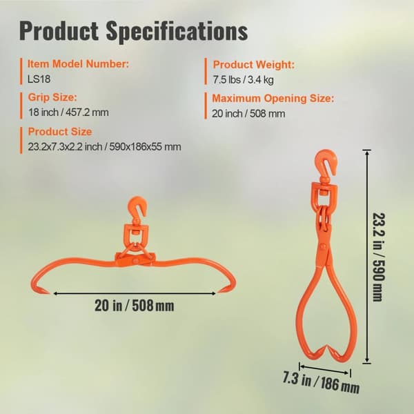 Log Skidding Tongs, Heavy Duty Steel, Læsningsevne, 2Jaws 20 tommer håndtag