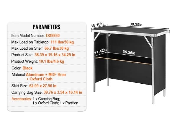 Bärbar bardisk, hopfällbar design, förvaringshylla för bärväska, 35-45 tum