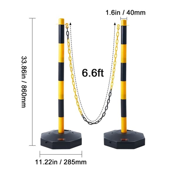Trafikafgrænsningsstolper, justerbar højde, fyldbar base, 8FT kæde., GulSort 34tommer6stk