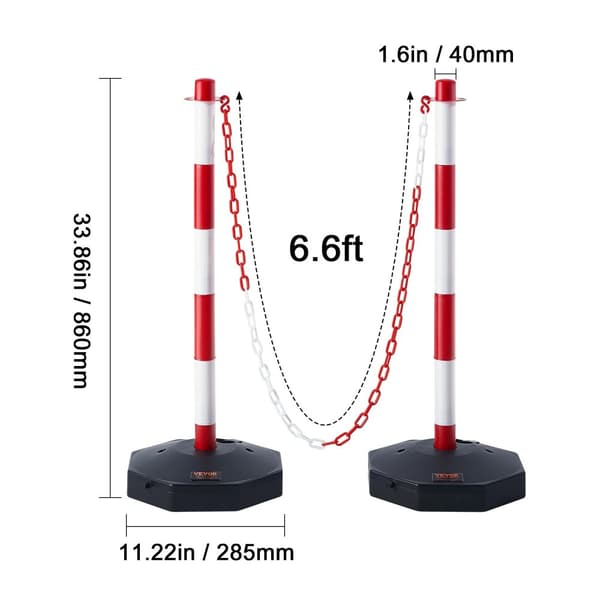 Trafikavgränsare, justerbar höjd, fyllbar bas, 8 fots kedja, Röd Vit 34 tum 6 stycken