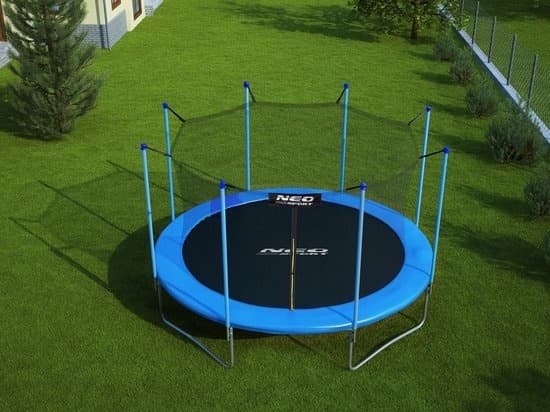 Trampolin - 374 cm - blå - med indvendigt kantnet og stige - op til 150 kg