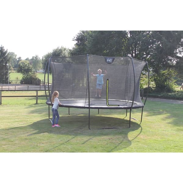 EXIT - Trampolin med sikkerhedsnet, betræk og stige - På benene - Silhouette - Rund - ø427cm - Sort