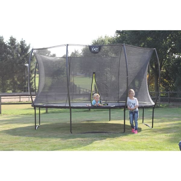 EXIT - Trampolin med sikkerhedsnet, betræk og stige - På benene - Silhouette - Rund - ø427cm - Sort