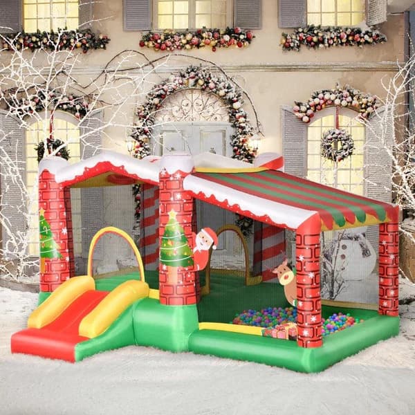 Rootz Christmas Oppustelige Hoppeborg - Trampolin Lille Slide Ball Pit til 3 Børn - Hoppeborg med blæser til 3-8 år Børnehave - Oxford stof - Polyeste