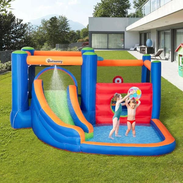 Rootz Hoppborg med rutschkana - Hopparea - Pool - Uppblåsbar - Inkl. Elektrisk pump - För upp till 3 barn - Flerfärgad - 380 x 340 x 170 cm