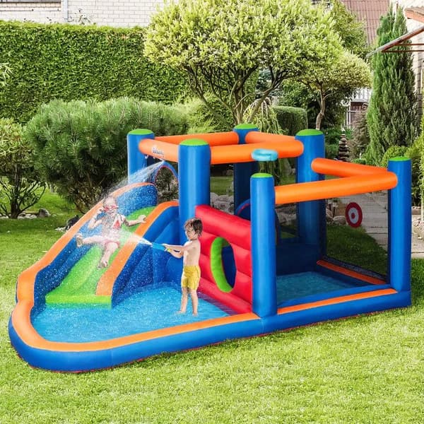 Rootz Hoppborg med rutschkana - Hopparea - Pool - Uppblåsbar - Inkl. Elektrisk pump - För upp till 3 barn - Flerfärgad - 380 x 340 x 170 cm