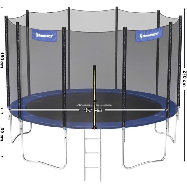 Rootz Trampolin - Havetrampolin - Rund - Stige - Polstrede stænger - Sikkerhedsnet - Sort - Blå - 427 cm