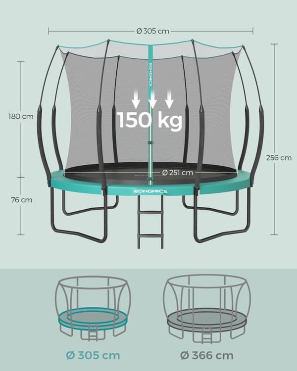 Rootz 12ft Sea Blue Trampolin - Udendørs udsmider - Hoppemåtte - Sikkerhedsnet - Galvaniseret stålramme - Glasfiberstænger - 305cm x 256cm x 76cm