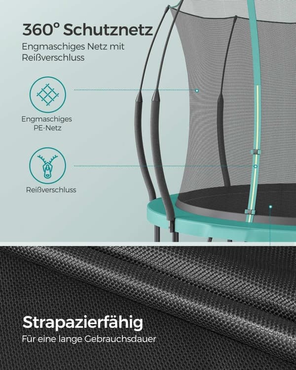 Rootz 12ft Sea Blue Trampolin - Udendørs udsmider - Hoppemåtte - Sikkerhedsnet - Galvaniseret stålramme - Glasfiberstænger - 305cm x 256cm x 76cm