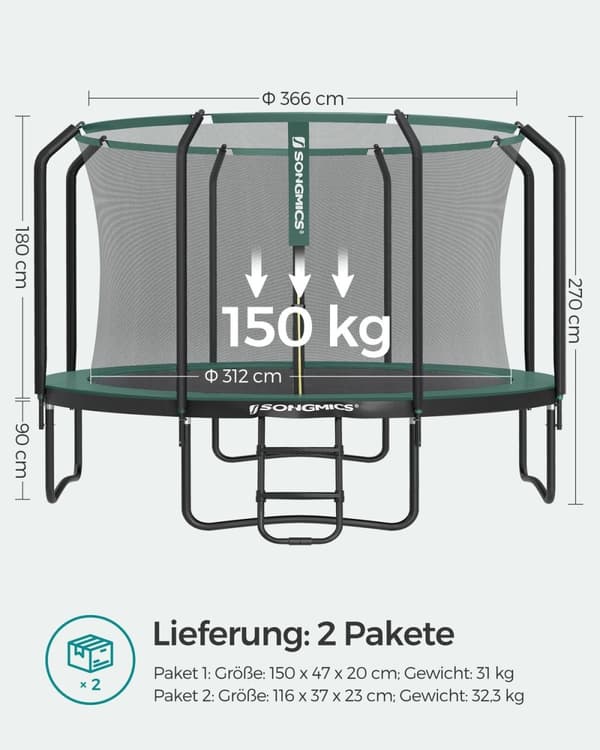 Rootz 12 fod trampolinsæt - Udendørs sjovt udstyr - hoppende enhed - Galvaniseret stålramme - Stabil og rustbestandig - Ideel gave til børn - 366 cm x