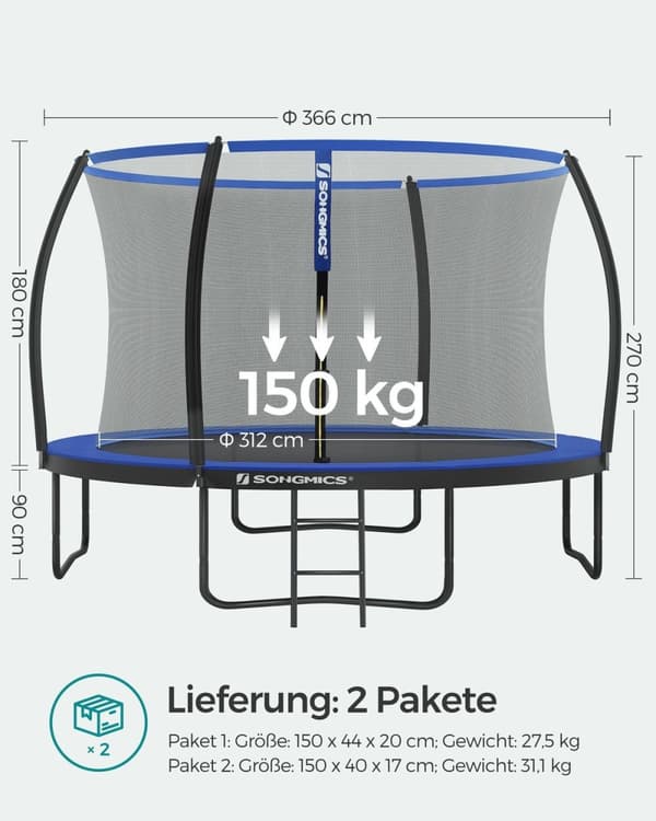 Rootz 366cm Trampolin - Havetrampolin - Udendørs Trampolin - Galvaniseret stålramme - Sikkerhedsnet - EPE-skum - 366cm x 90cm x 150kg