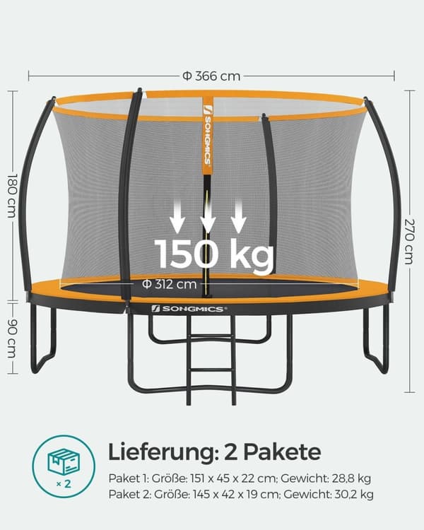 Rootz 366cm Trampolin - Havetrampolin - Fitness Trampolin - Tætmasket sikkerhedsnet - Galvaniseret stålramme - 366cm Diameter - 90cm Afstand fra jorde
