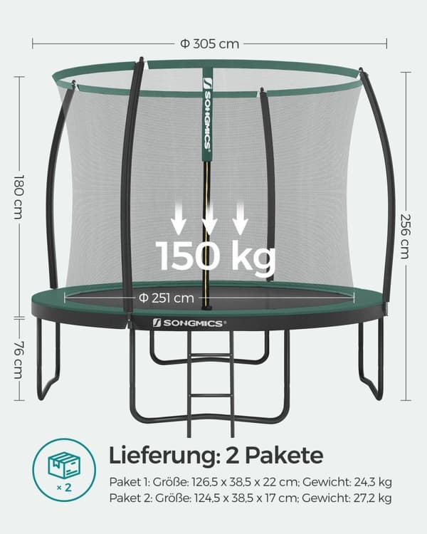 Rootz 305 cm trampolinsæt - Udendørs trampolin - Hoppesjov - Fitness - Tætmasket sikkerhedsnet - 305 cm x 305 cm x 260 cm