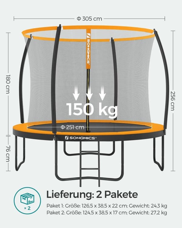 Rootz 305cm Trampolin - Havetrampolin - Fitness Trampolin - Galvaniseret stålramme - Sikkerhedsnet - EPE skumpolstring - 305cm x 76cm - Sort-Orange
