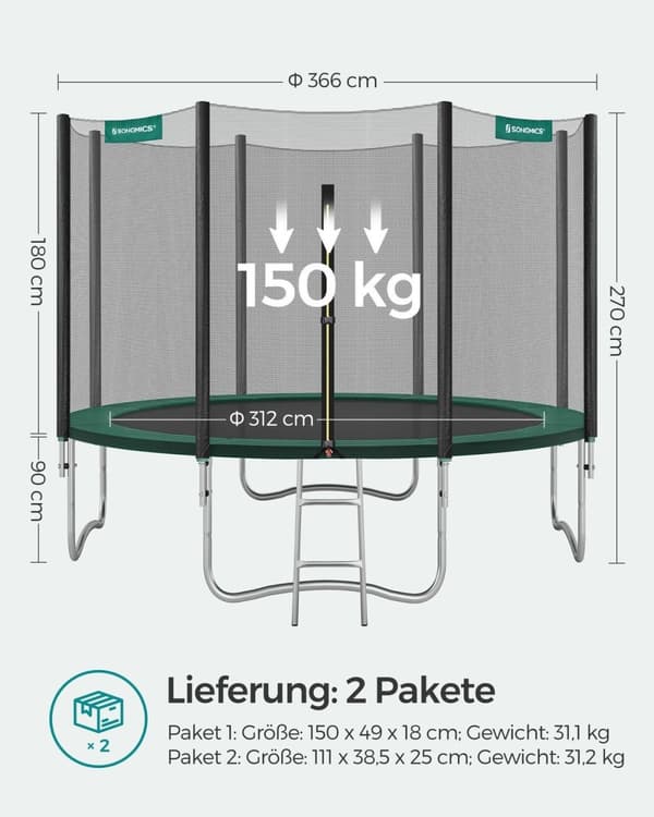 Rootz 366cm studsmatta - Trädgårdstrampolin - Utomhusstudsmatta - Galvaniserad stålstomme - Skyddsnät - EPE-skumstoppning - 366cm x 90cm - Svart-grön