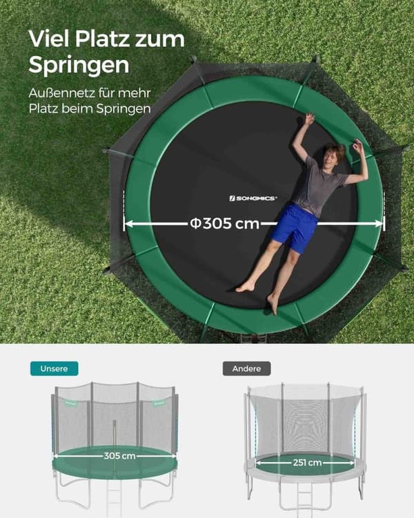 Rootz 305cm studsmatta - Trädgårdsnöje - Hoppfitness - Skyddsnät - Galvaniserat stålstomme - 305cm x 76cm - Svart-Grön