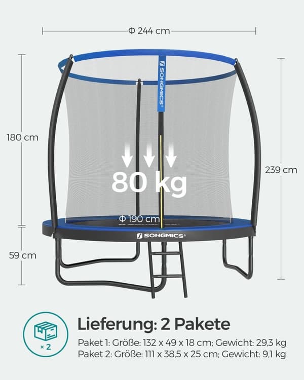 Rootz 244cm trampoliinisetti - Hyppylaite - Pomppimisvälineet - Galvanoitu teräs - Turvaverkko - UV-kestävä - 244cm x 59cm x 244cm