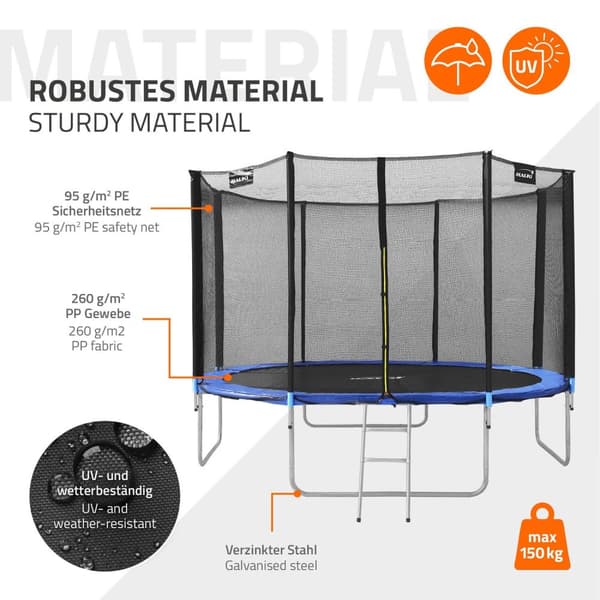 Studsmatta Ø427 cm med skyddsnät, stege och vadderade stolpar Blå upp till 150 kg HAUKI