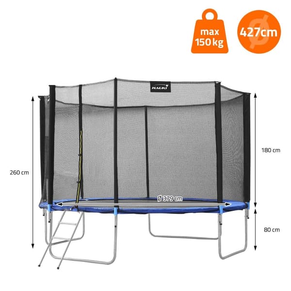 Studsmatta Ø427 cm med skyddsnät, stege och vadderade stolpar Blå upp till 150 kg HAUKI